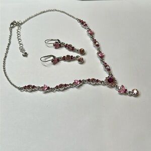 Pink rhienstone  frosted glass bead y style necklace and matching earrings